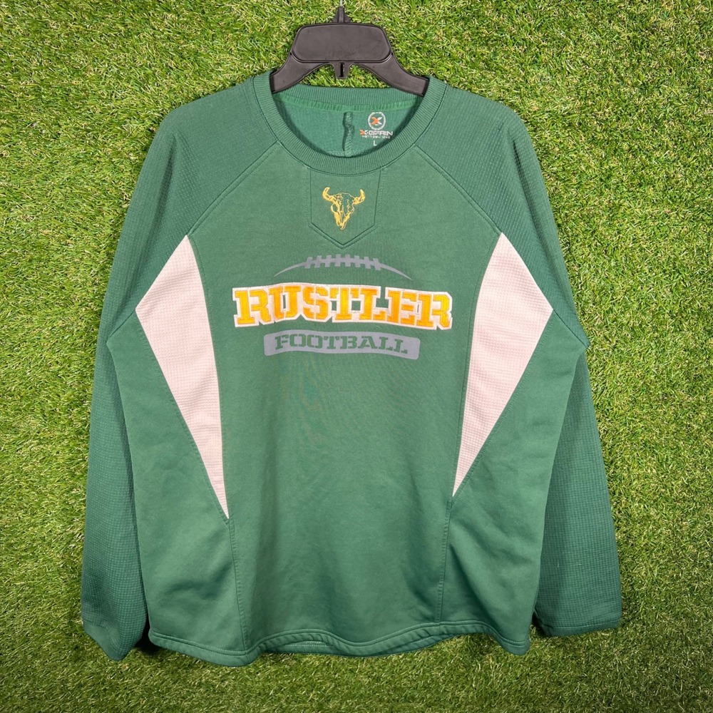 X-Grain Rustler Football Sweatshirt Mens Large Green Waffle Knit Pullover 60